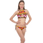 Red flowers and colorful squares                                                                  Cross Front Halter Bikini Set