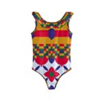 Red flowers and colorful squares                                                                 Kids  Frill Swimsuit