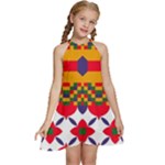 Red flowers and colorful squares                                                        Kids  Halter Collar Waist Tie Chiffon Dress