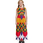 Red flowers and colorful squares                                                        Kids  Satin Sleeveless Maxi Dress