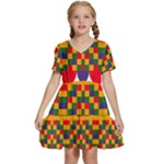 Red flowers and colorful squares                                                         Kids  Short Sleeve Tiered Mini Dress