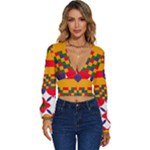 Red flowers and colorful squares                                                        Long Sleeve Deep-V Velour Top