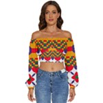 Red flowers and colorful squares                                                         Long Sleeve Crinkled Weave Crop Top