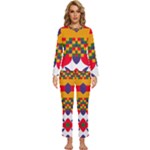 Red flowers and colorful squares                                                        Womens  Long Sleeve Lightweight Pajamas Set