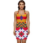 Red flowers and colorful squares                                                       Sleeveless Wide Square Neckline Ruched Bodycon Dress