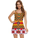 Red flowers and colorful squares                                                         Ruffle Edge Bra Cup Chiffon Mini Dress