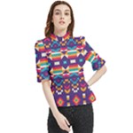 Pastel shapes rows on a purple background                                                                  Frill Neck Blouse