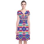 Pastel shapes rows on a purple background                                                                   Short Sleeve Front Wrap Dress