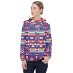 Pastel shapes rows on a purple background                                                                   Women Hooded Front Pocket Windbreaker