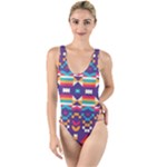 Pastel shapes rows on a purple background                                                                 High Leg Strappy Swimsuit