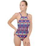 Pastel shapes rows on a purple background                                                                  High Neck One Piece Swimsuit