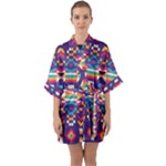 Pastel shapes rows on a purple background                                                                  Quarter Sleeve Kimono Robe