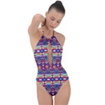 Pastel shapes rows on a purple background                                                                   Plunge Cut Halter Swimsuit