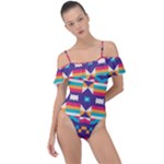 Pastel shapes rows on a purple background                                                                  Frill Detail One Piece Swimsuit