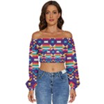 Pastel shapes rows on a purple background                                                          Long Sleeve Crinkled Weave Crop Top