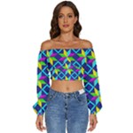 Colorful stars pattern                                                            Long Sleeve Crinkled Weave Crop Top