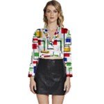 Colorful rectangles                                                             Long Sleeve Tie Back Satin Wrap Top