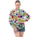 Colorful rectangles                                                                    High Neck Long Sleeve Chiffon Top