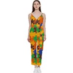  Retro colors puzzle pieces                                                               	V-Neck Spaghetti Strap Tie Front Jumpsuit