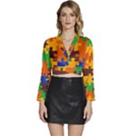 Retro colors puzzle pieces                                                               Long Sleeve Tie Back Satin Wrap Top