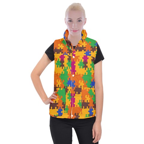 Retro colors puzzle pieces                                                                     Women s Button Up Puffer Vest from ArtsNow.com