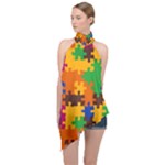 Retro colors puzzle pieces                                                                         Halter Asymmetric Satin Top