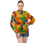 Retro colors puzzle pieces                                                                      High Neck Long Sleeve Chiffon Top