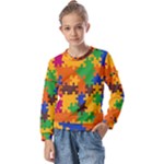 Retro colors puzzle pieces                                         Kids  Long Sleeve Tee with Frill