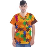 Retro colors puzzle pieces                                                                         Men s V-Neck Scrub Top