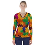 Retro colors puzzle pieces                                                                         V-Neck Long Sleeve Top