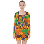 Retro colors puzzle pieces                                                                           V-neck Bodycon Long Sleeve Dress