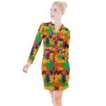 Retro colors puzzle pieces                                                                          Button Long Sleeve Dress