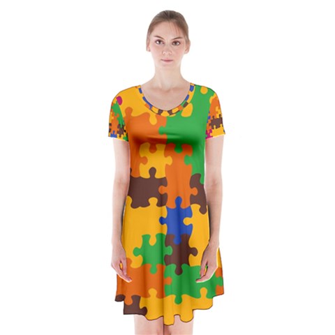 Retro colors puzzle pieces                                                                            Short Sleeve V