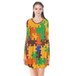 Retro colors puzzle pieces                                                                       Long Sleeve V-neck Flare Dress