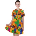 Retro colors puzzle pieces                                                                       Short Sleeve Shoulder Cut Out Dress