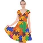 Retro colors puzzle pieces                                                                          Cap Sleeve Front Wrap Midi Dress