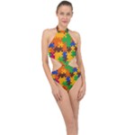 Retro colors puzzle pieces                                                                       Halter Side Cut Swimsuit