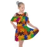 Retro colors puzzle pieces                                                                     Kids  Shoulder Cutout Chiffon Dress