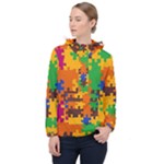 Retro colors puzzle pieces                                                                        Women Hooded Front Pocket Windbreaker