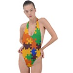 Retro colors puzzle pieces                                                                       Backless Halter One Piece Swimsuit