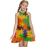Retro colors puzzle pieces                                                              Kids  Halter Collar Waist Tie Chiffon Dress