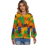 Retro colors puzzle pieces                                                               Women s Long Sleeve Button Down Shirt