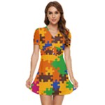 Retro colors puzzle pieces                                                               V-Neck High Waist Chiffon Mini Dress