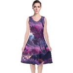 Landscape Landscape Painting Purple Purple Trees V-Neck Midi Sleeveless Dress 