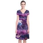 Landscape Landscape Painting Purple Purple Trees Short Sleeve Front Wrap Dress