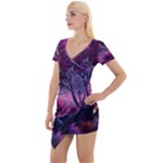 Landscape Landscape Painting Purple Purple Trees Short Sleeve Asymmetric Mini Dress