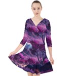 Landscape Landscape Painting Purple Purple Trees Quarter Sleeve Front Wrap Dress