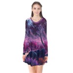 Landscape Landscape Painting Purple Purple Trees Long Sleeve V-neck Flare Dress