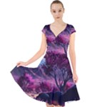 Landscape Landscape Painting Purple Purple Trees Cap Sleeve Front Wrap Midi Dress