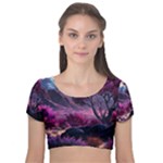 Landscape Landscape Painting Purple Purple Trees Velvet Short Sleeve Crop Top 